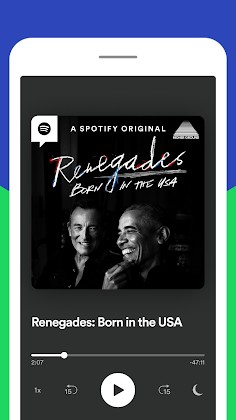 Destacando una conversación sobre música y sociedad, imagen de un móvil mostrando el podcast original de Spotify 'Renegades: Born in the USA' con Bruce Springsteen y Barack Obama.