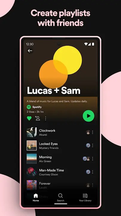 "Creación de lista de reproducción colaborativa en Spotify titulada 'Lucas + Sam' con canciones como 'Clockwork' y 'Locked Eyes', para compartir con amigos."