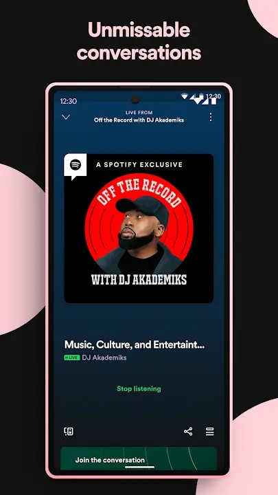 La interfaz de usuario de la aplicación Spotify en una tableta muestra listas de reproducción de diferentes géneros como K-Pop y Rap, con el lema 'Una aplicación para todos tus sonidos'.