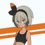 Bea, personaje de anime: Aspecto serio, un aura de deporte en la parte superior y con la parte de atrás rayada naranja y blanca.
