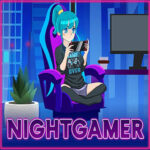 Jóvenes gamer jugando Nightgamer APK en la atmósfera de albergue con vistas a la noche ciudad iluminada.
