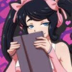 WaifuHub Avatar de una chica de anime con orejas de gato rosa y cabello azul sosteniendo la tableta en marco rosa con detalle de púrpura.