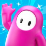 Ícono brillante de la aplicación Fall Guys APK en español con un peluche rosa saludando en fondos celestes.