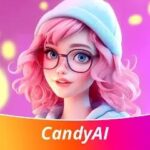 Chica con cabello rosa y gafas, logo de Candy AI Premium Mod APK.