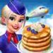 Imagen promocional de Airplane Chefs Mod APK mostrando a una chef sonriente en uniforme de azafata, con un plato de pancakes y un avión volando al fondo.